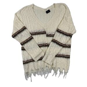 Daytrip Boho Fringe Sweater Cream Striped Distressed Hem Knit Top M/L